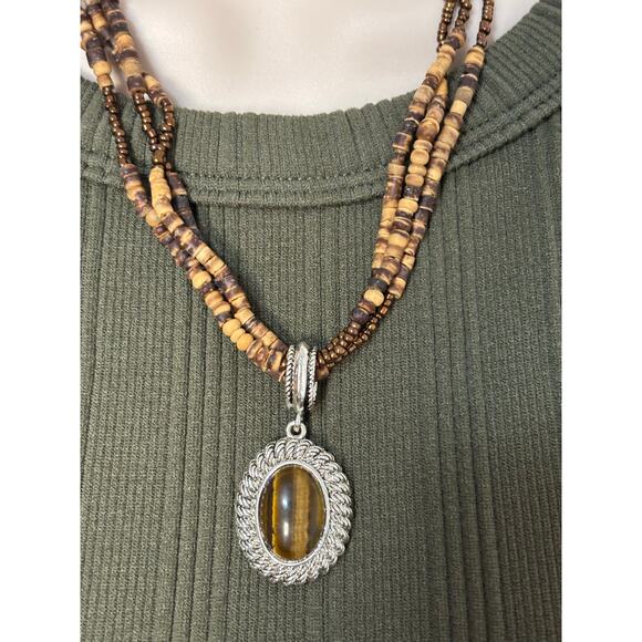 Women's Brown Tigers Eye Pendant Seed Bead Necklace 90's Y2K Statement Basic - Picture 2 of 6